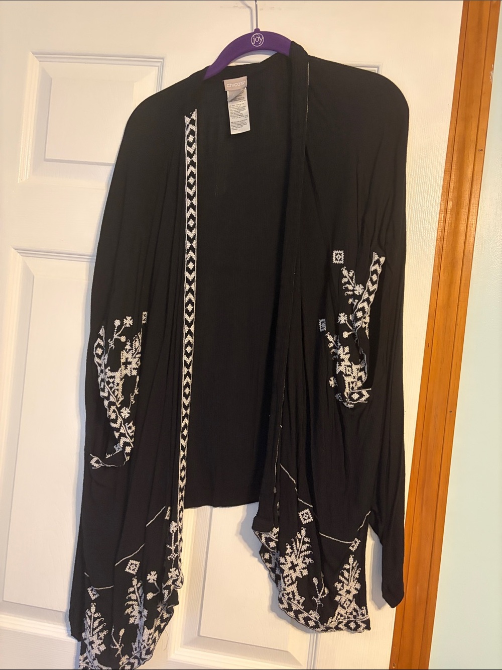 Chico's Black Open-Front Cardigan with White Embroidery